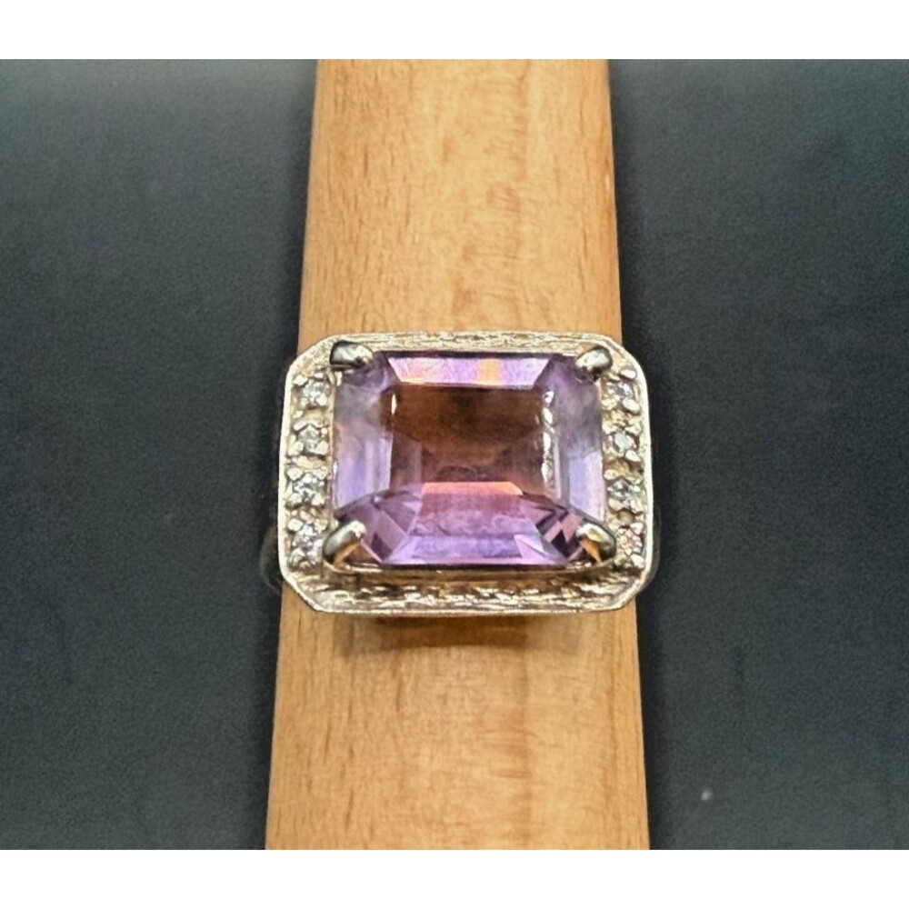 Vintage 925 Sterling Silver Amethyst CZ Ring Rectangle Purple Stone Size 7.75